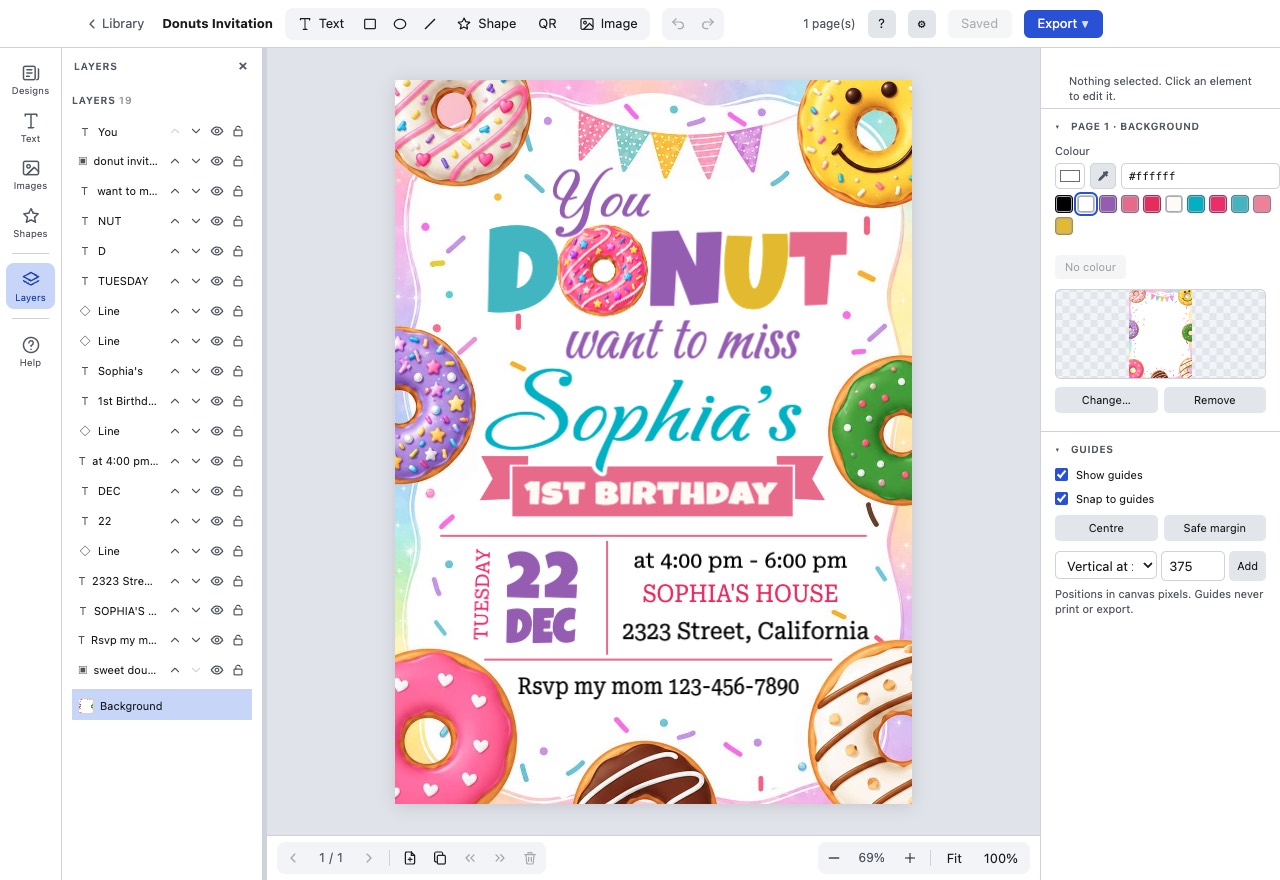 A birthday invitation open in BoboCreate: the tools down the left, the design in the middle, its layers beside it, and its colours and settings on the right.