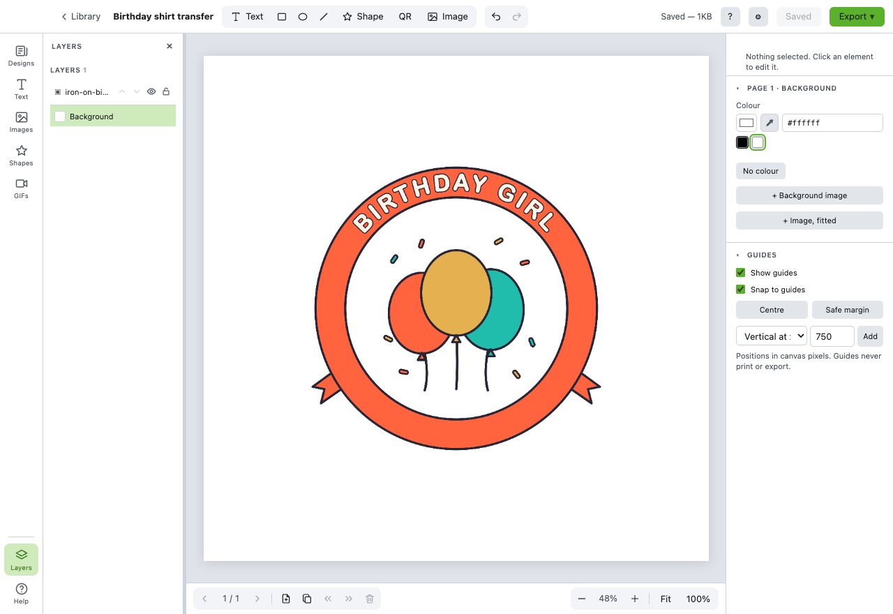 A birthday badge open in BoboCreate: a ribbon banner reading BIRTHDAY GIRL wrapped around a cluster of balloons, on its own page ready to print and iron on.