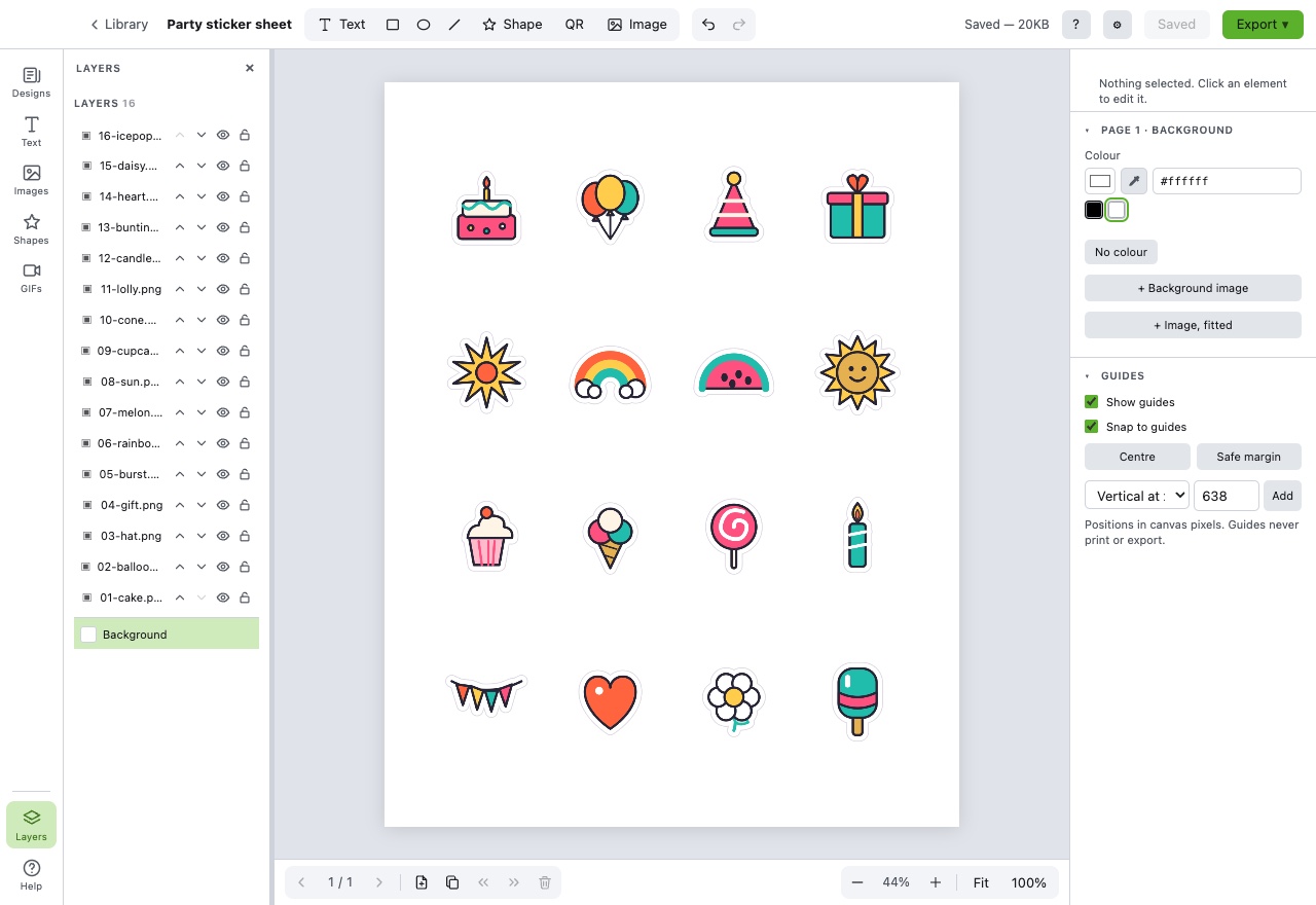 A sticker sheet open in BoboCreate: sixteen party stickers laid out on Letter paper, each with a white cut border around it, and sixteen layers listed beside them.